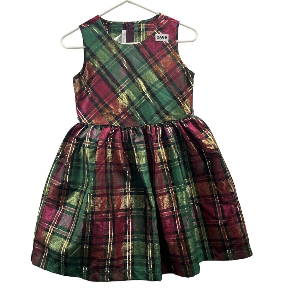 Bonnie Jean Girls Gold/Green/Red Metallic Plaid Dress Size 14